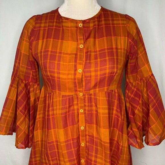 Emberley Dresses & Skirts - Emberley Downeast Jessica Dress XS Orange Pink Plaid Button Front Bell Sleeves